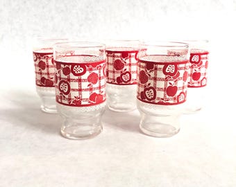 Vintage Apple Juice Glasses, Red Plaid Orchard Kitchen Decor, Set of 5