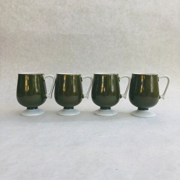 MCM green coffee cup pair, MCM green coffee mugs, vintage green pedestal coffee cups, Irish coffee cups, green Irish coffee cup pair, mugs