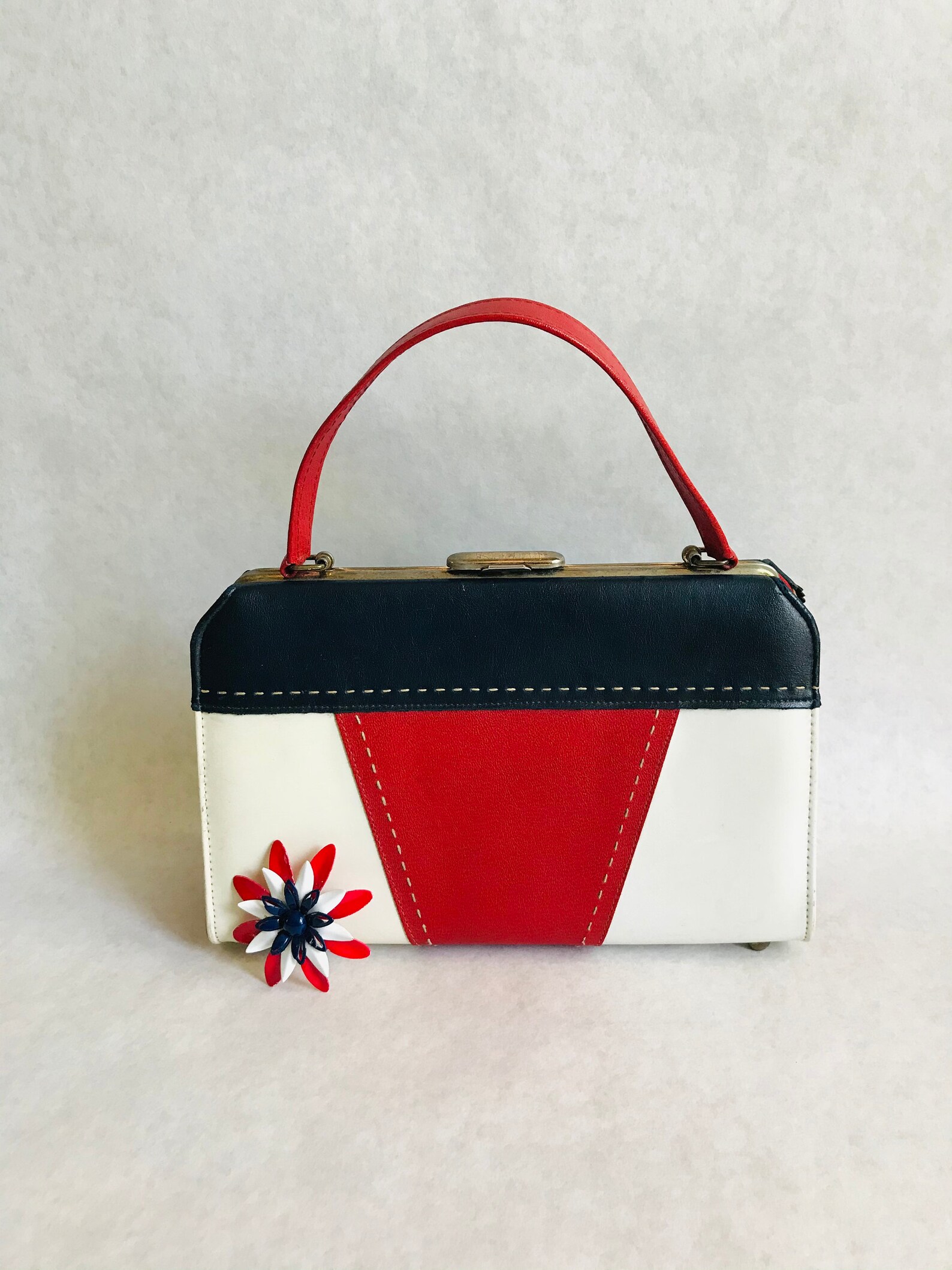 red and blue handbag