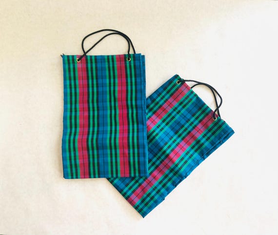 Vintage Plaid Fabric Tote Bags: Reusable Market Bags, Set of Two