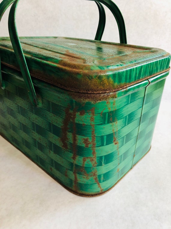 Vintage metal green picnic basket, vintage green … - image 5