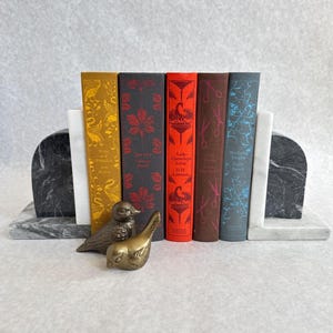 May include: Five hardcover books with decorative spines in yellow, black, red, brown, and blue, positioned between two marble bookends. Two small metallic bird figurines in bronze and gold tones are placed in front of the books.