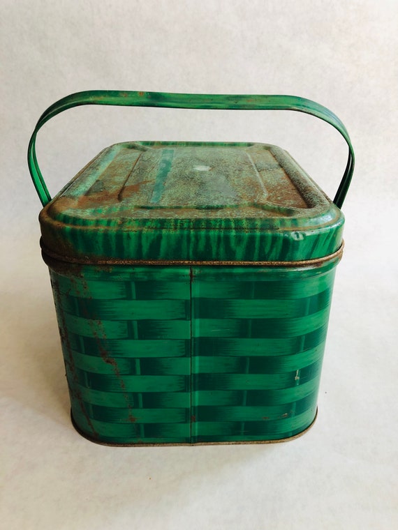 Vintage metal green picnic basket, vintage green … - image 4