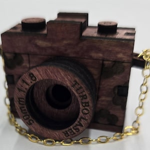 Miniature Wooden Camera — Red Floral Back, Engraved Turbo Camera Ornament with Gold Chain