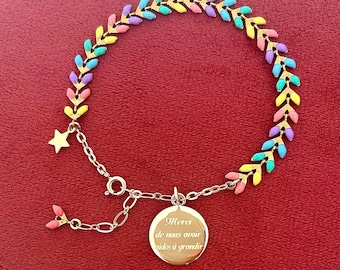 Bracelet doré personnalisable à épis émaillés multicolore plaqué or avec médaille gravée personnalisée
