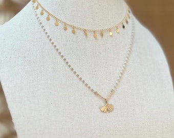 Ginkgo leaf pendant necklace and mini faceted white pearls, 3 micron gold plated