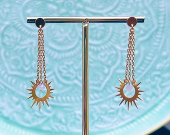 Golden sun and gold-plated Swarovski pearl dangling earrings