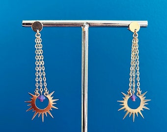 Golden sun and gold-plated Swarovski pearl dangling earrings