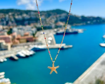 Starfish necklace on multi-colored enameled gold chain, stainless steel