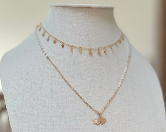 Ginkgo leaf pendant necklace and mini faceted white pearls, 3 micron gold plated