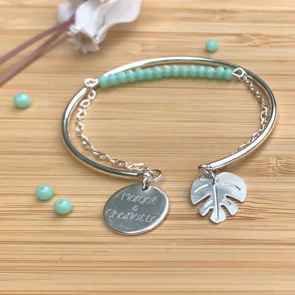 Bracelet jonc double avec perles à facettes, feuille de Monstera ou trèfle et médaille gravée personnalisée, acier et argent