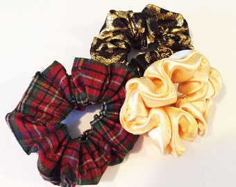 Scrunchie,Set de 3,Hair Scrunchie,Handmade Scrunchies,Ponytail Scrunchie,Yellow Brocade Scrunchie, Gold Scrunchies,Red Plaid Scrunchie SC886