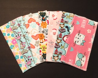 Handkerchiefs, Set of 7, Girls Handkerchiefs, Kitty Print Handkerchiefs, Handkerchiefs, Flannel Handkerchiefs, Reusable Tissues, Napkins G88