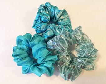 Scrunchie, Set de 3, Hair Scrunchie, Handmade Scrunchies, Ponytail Scrunchie, Aqua Scrunchie, Scrunchies, Aqua Print Scrunchie SC882