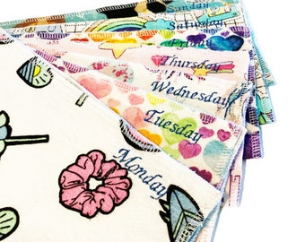 Days of the Week Handkerchiefs, Set of 7, Girls Handkerchiefs, Embroidered Handkerchiefs, Flannel Handkerchiefs,Reusable Tissues,Napkins G89