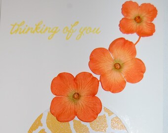 Pensando en usted tarjeta/naranja flores oro cartulina/Ponte bien pronto