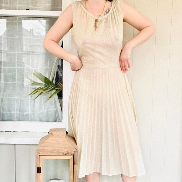 True vintage 1960s sheer gold Lurex pleated full slip dress / naked dress - M