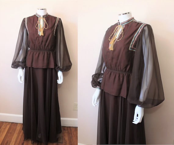 Rainbow stripe trim chiffon dress set | 1970s brow