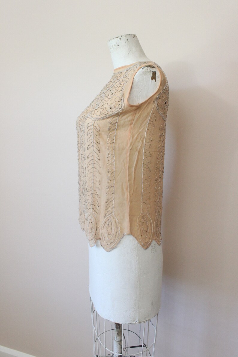 1920s Nude silk sheer beaded blouse 20s beaded blouse top silk 1910s blouse xs small image 4