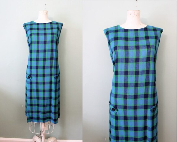 1960s Check Plaid Mini Mod Shift Dress / Blue Gree