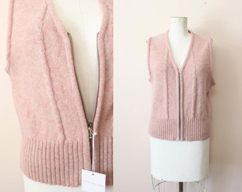 Dusty Pink wool vest | 1990s light pink cable knit wool zippered vest | medium large
