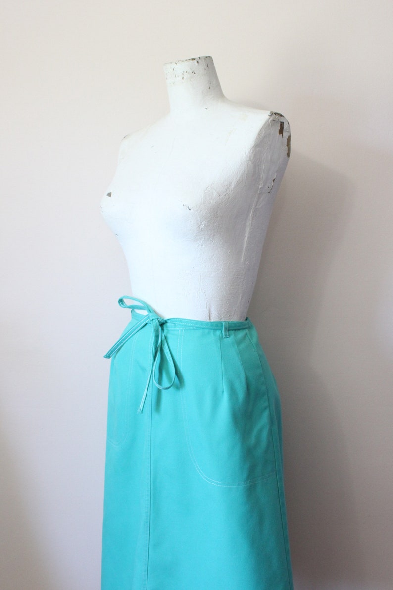 xs small apron midi skirt 70s aqua turquoise wrap skirt 1970s seafoam green wrap skirt
