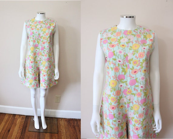 1960s Mod Floral thick ribbed cotton turquoise pla