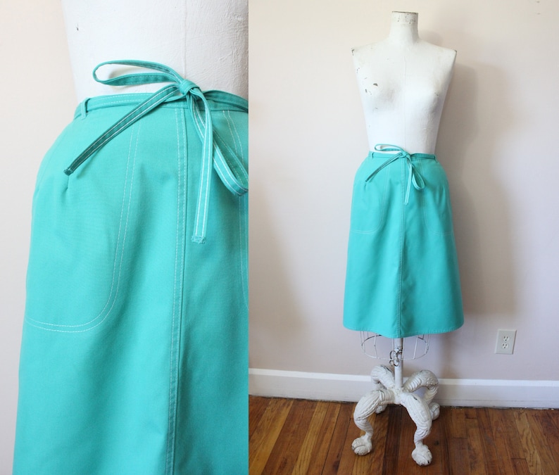 xs small apron midi skirt 70s aqua turquoise wrap skirt 1970s seafoam green wrap skirt