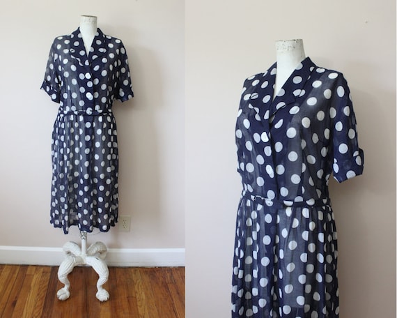1950s 60s sheer cotton voile navy polka dots belte