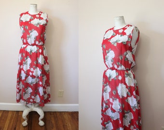 Moon Rose sheer red dress | 1980s sheer red bold floral cotton blend dress | small medium