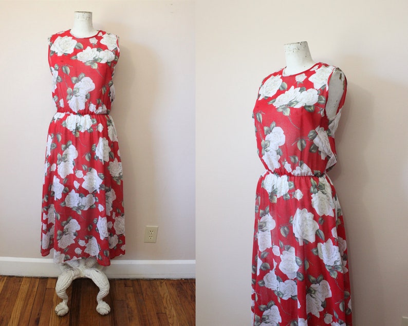 Moon Rose Sheer Red Dress 1980s Sheer Red Bold Floral Cotton Blend ...
