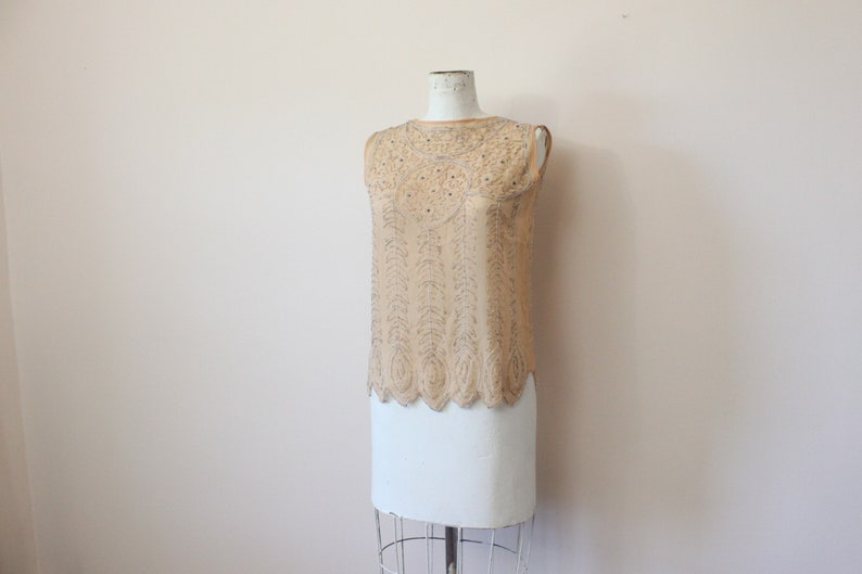 1920s Nude silk sheer beaded blouse 20s beaded blouse top silk 1910s blouse xs small image 2
