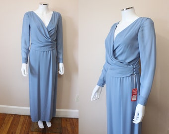 Grecian sheer crepe maxi dress | 1970s powder blue wrap front maxi dress – deadstock | xs