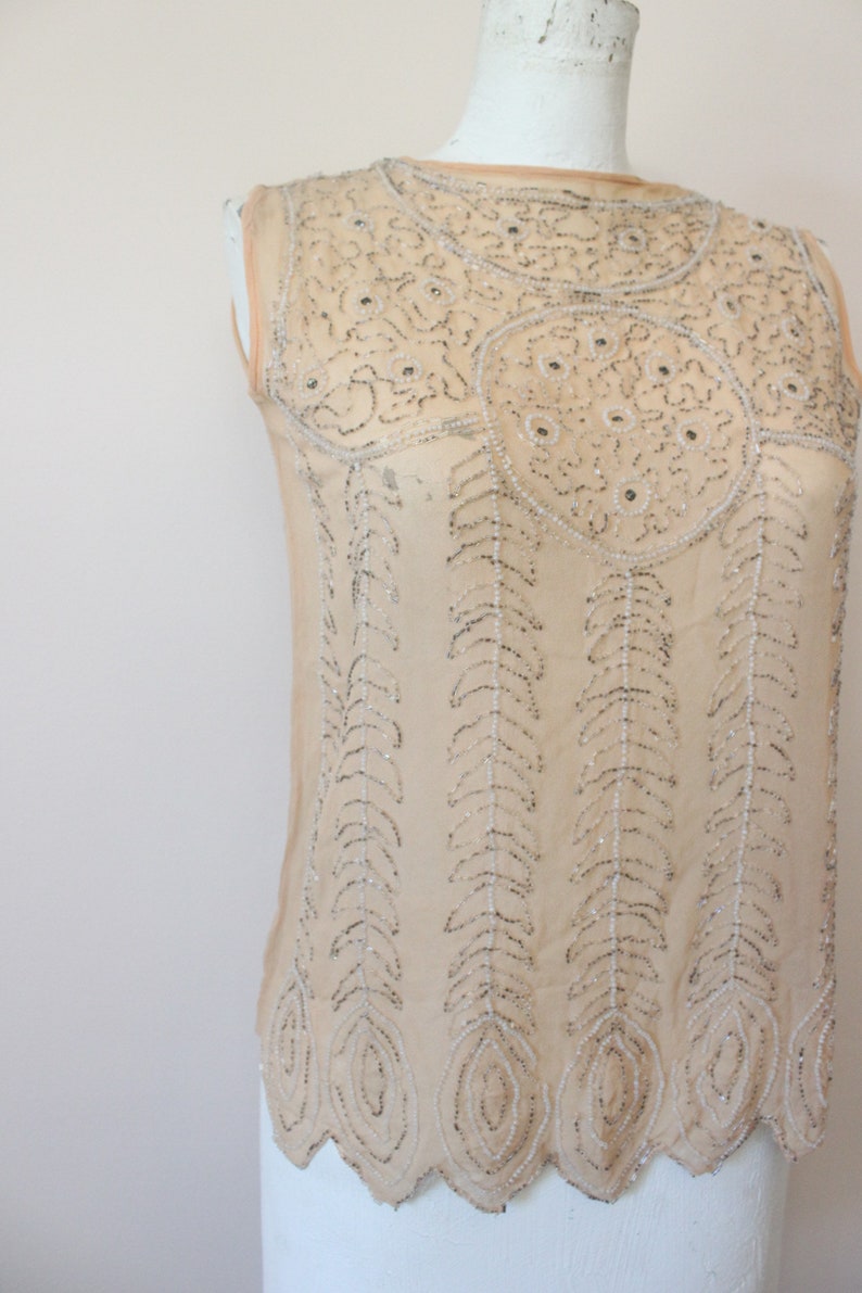 1920s Nude silk sheer beaded blouse 20s beaded blouse top silk 1910s blouse xs small image 6