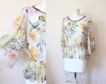Butterfly Garden transparente Bluse | Vintage 1970er Jahre Bluse mit Blumenmuster | klein mittel