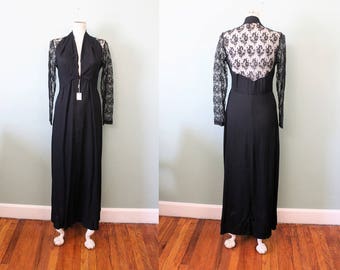 1970s Black Lace Back Halter / Vintage 70s Deadstock Black Grecian Maxi Formal Evening Dress / Small