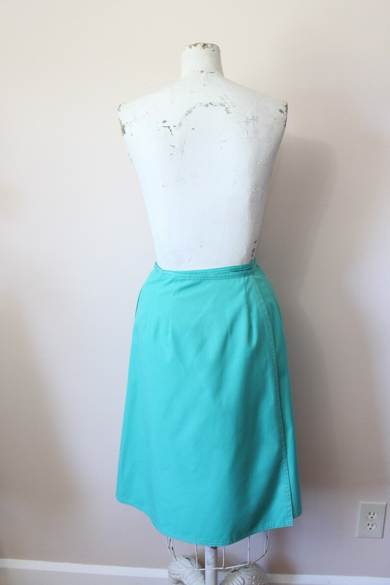 xs small apron midi skirt 70s aqua turquoise wrap skirt 1970s seafoam green wrap skirt