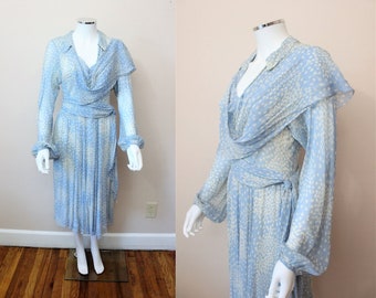 Elysian Fields dress | 1970s HALSTON asymmetrical scarf wrap billow sleeve bias waist sash gown | xs small