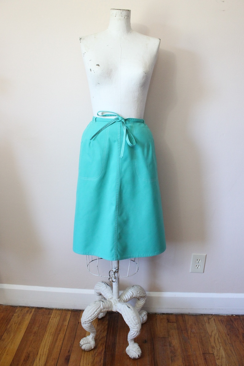 xs small apron midi skirt 70s aqua turquoise wrap skirt 1970s seafoam green wrap skirt