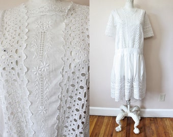 Honeycomb sheer tea dress | vintage 1920s white eyelet embroidered cotton dress | 20s wedding bridal dress | xs small