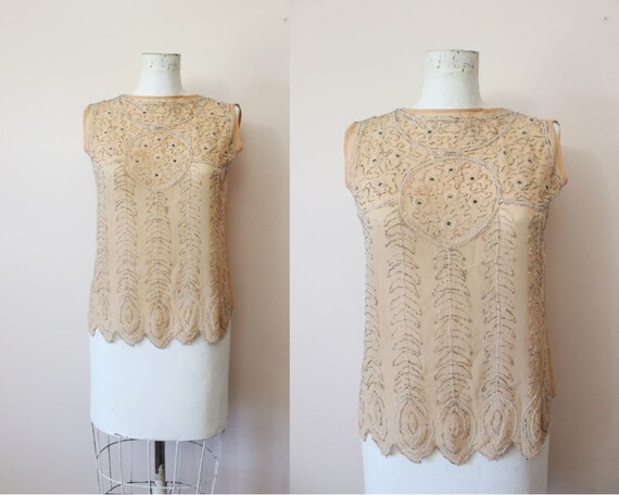 1920s Nude silk sheer beaded blouse | 20s beaded b