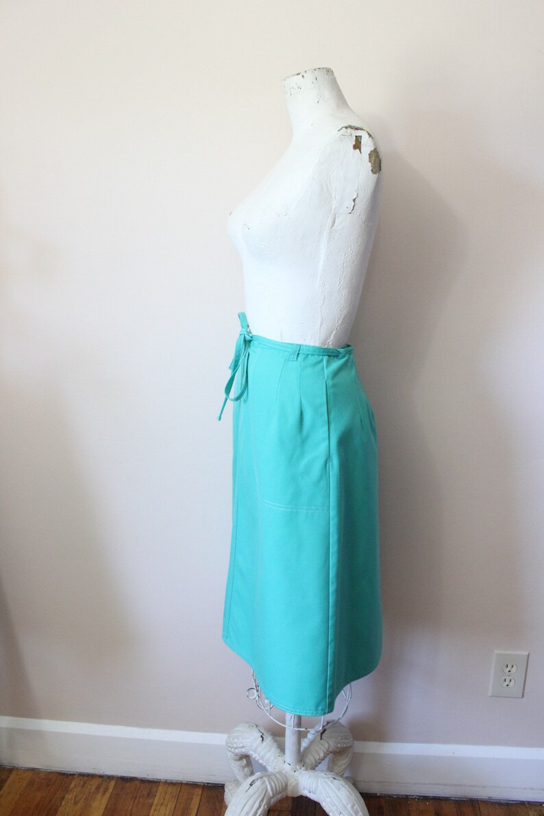 xs small apron midi skirt 70s aqua turquoise wrap skirt 1970s seafoam green wrap skirt