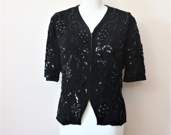 1940s Primo Vino black rayon crepe vines & grapes sequined crop top blouse jacket | medium large