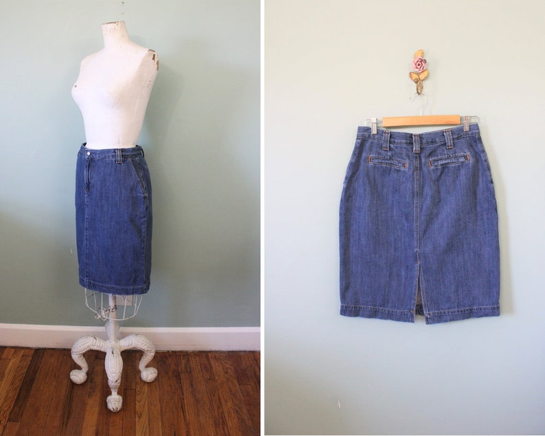 SALE Gap Workers jean skirt 1990s mid wash blue cotton denim high waist skirt 29 waist image 1