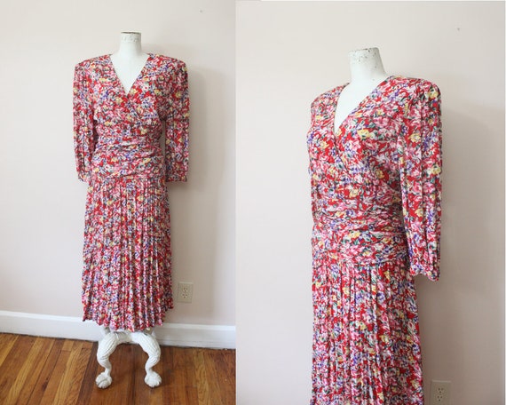 1980s Meliposa maxi dress | 80s red floral puff pr