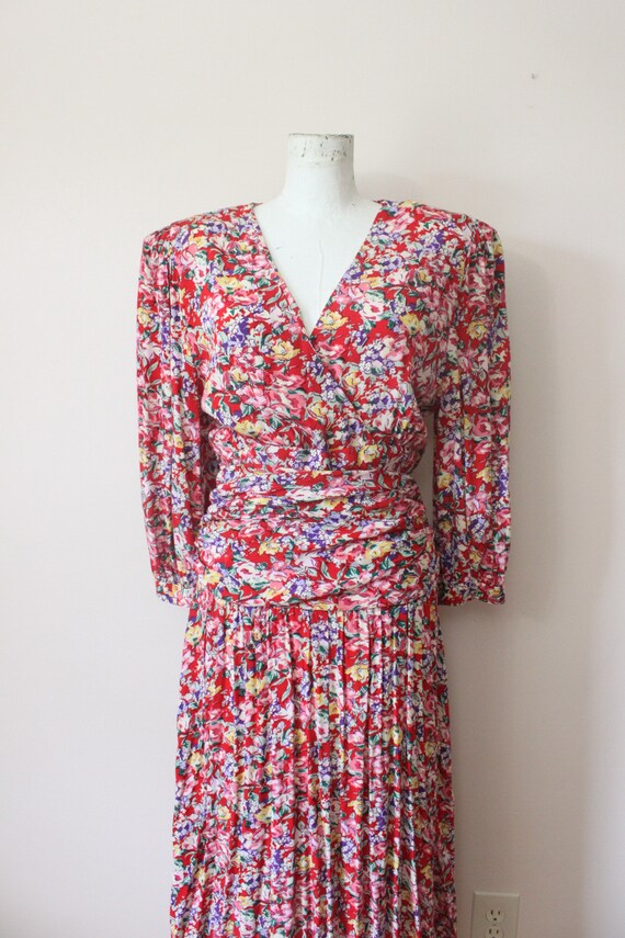 1980s Meliposa maxi dress | 80s red floral puff p… - image 2