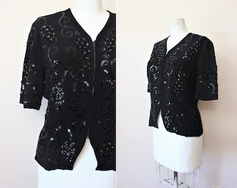 1940s Primo Vino black rayon crepe vines & grapes sequined crop top blouse jacket | medium large