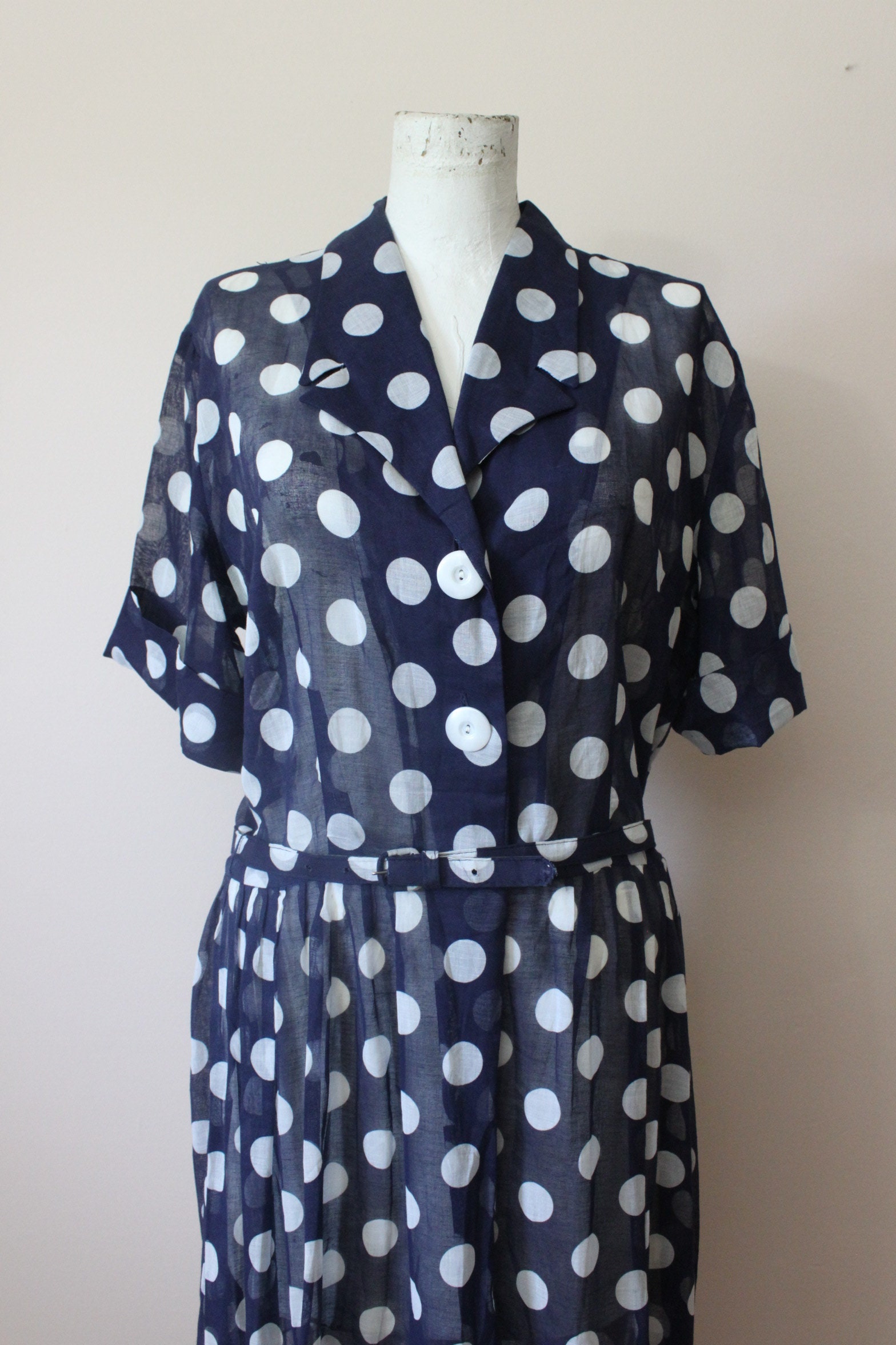1950s 60s Sheer Cotton Voile Navy Polka Dots Belted Dress - Etsy