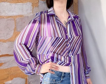 Vintage 70s sheer purple batik stripe boho peasant buttoned blouse top