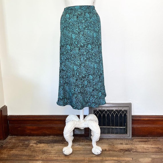 Vintage 90s teal floral long bias cut midi skirt … - image 2